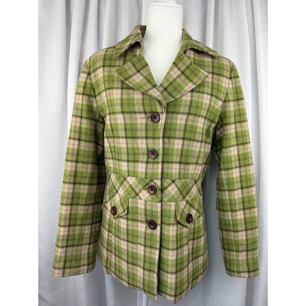 Giacca 5 Star Outerwear Green Pink Plaid Wool Blend Quilted Jacket Coat Medium